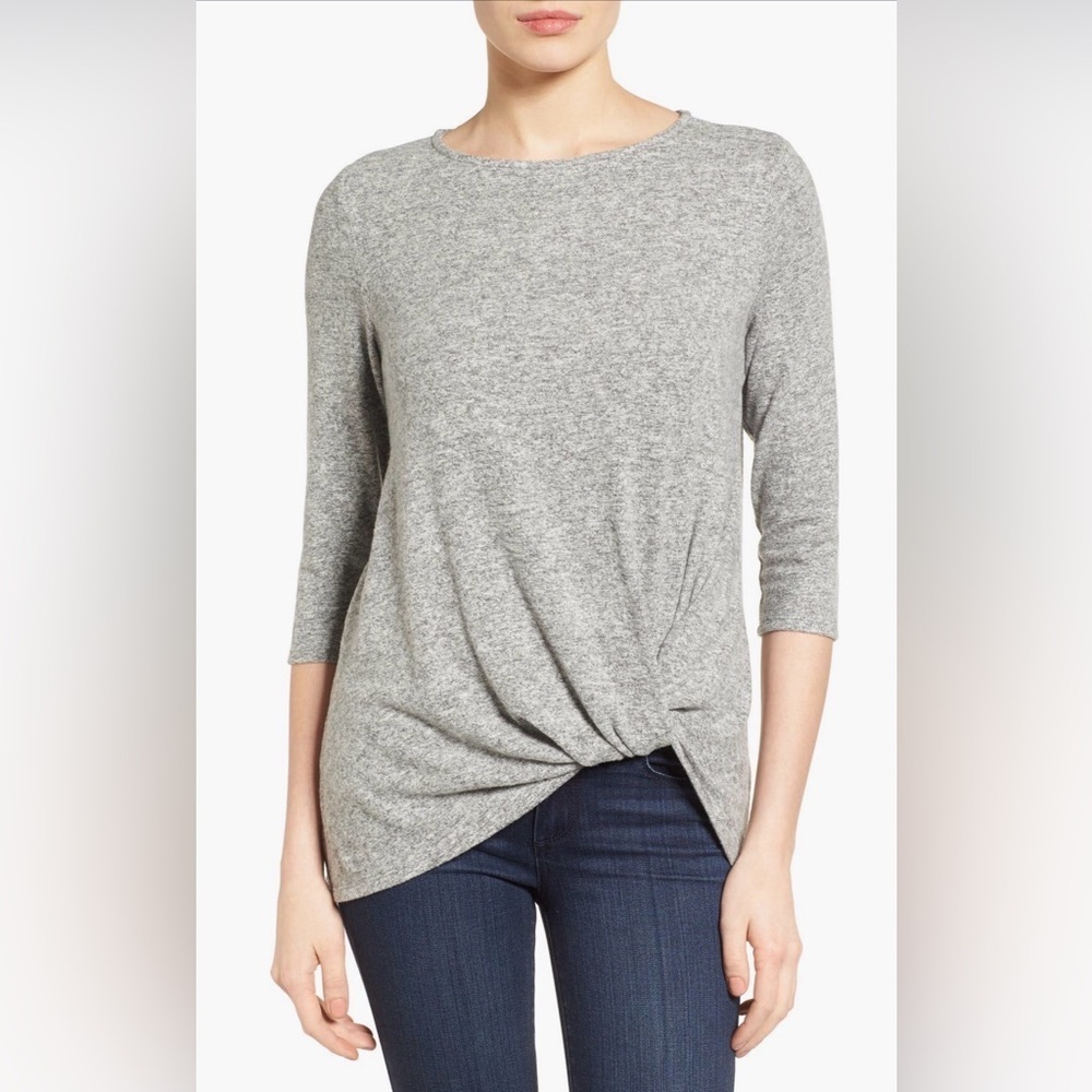 Gibson Cozy Twist Front Pullover Heather Gray Long Sleeve Top, Size L